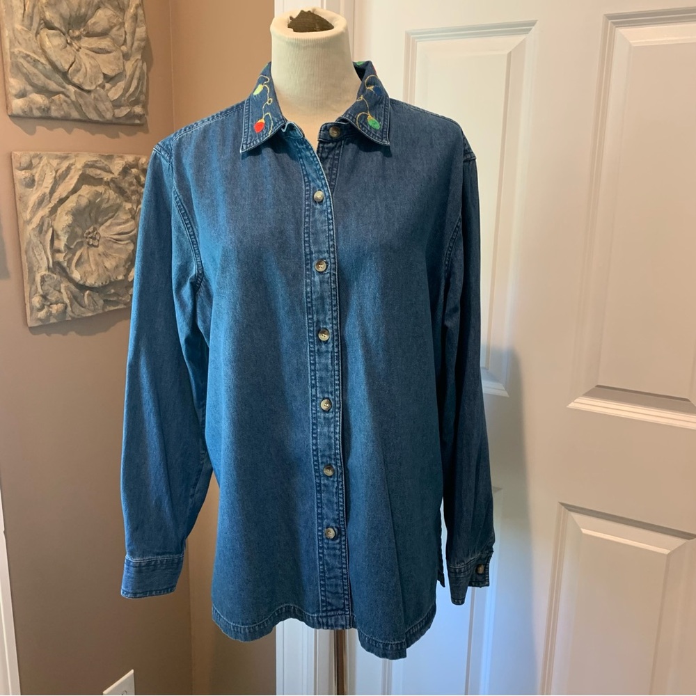 COLDWATER CREEK Christmas ornament denim button front shirt XL
